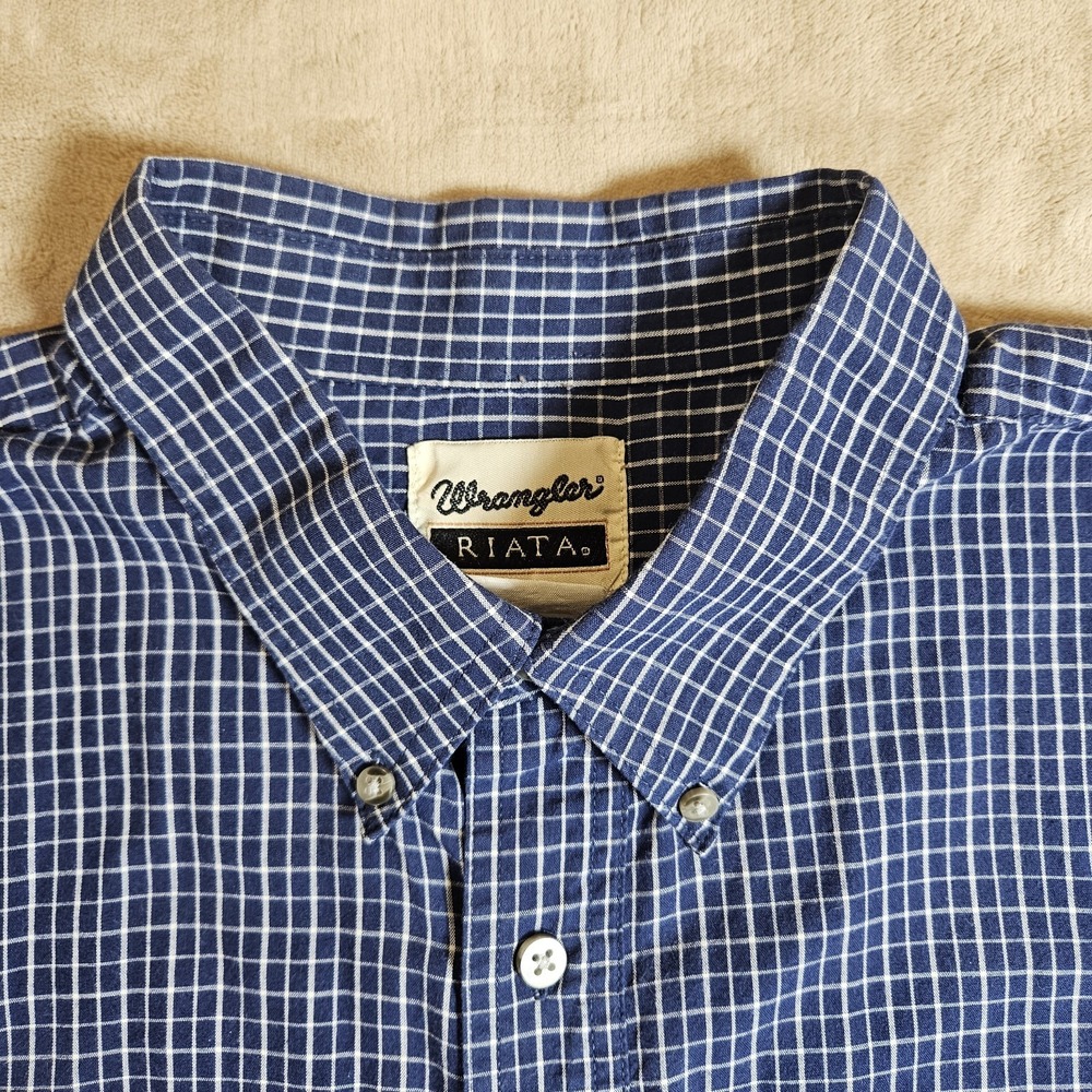 Wrangler Riata Mens Navy Blue White Micro Grid Check Button Down Shirt XL - Picture 16 of 16